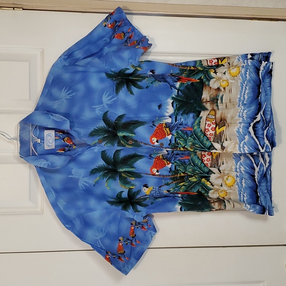 Go Hawaii Hawaiian shirt blue with parrots size L